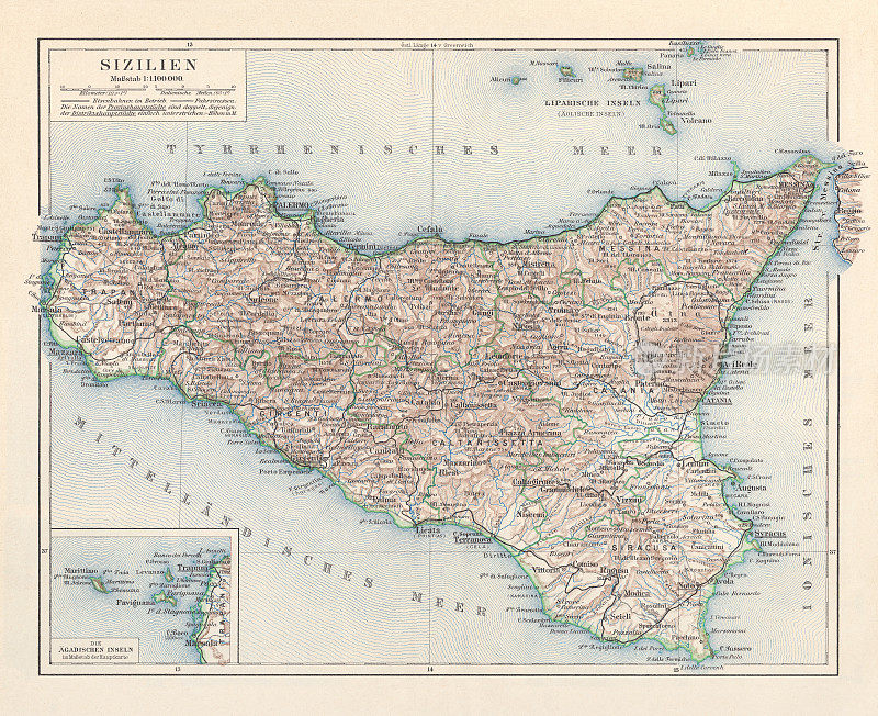 意大利西西里岛地形图，石版，1897年出版