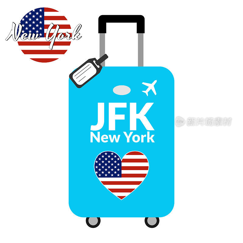 行李上标有国际航空运输协会(IATA)或位置标识和目的地城市名称纽约，JFK。去美国旅游的概念。行李上的心形美国国旗。