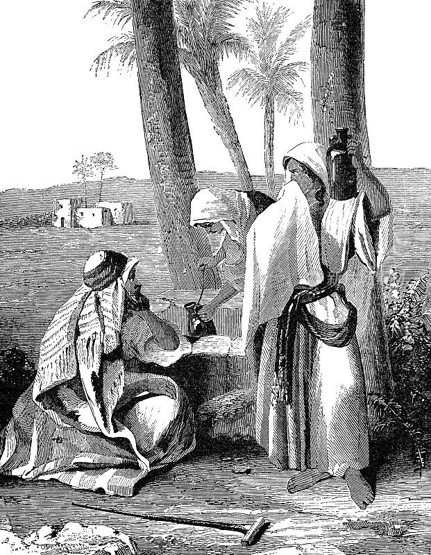 在达穆尔，黎巴嫩，人们从井里取水-奥斯曼帝国19世纪