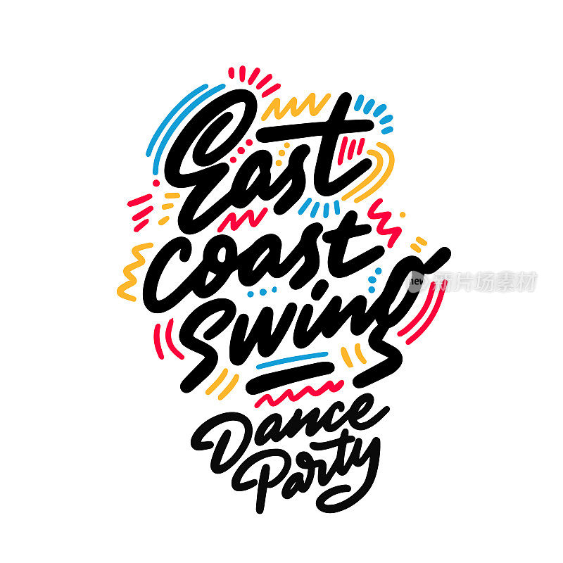 东海岸摇摆舞派对字体手绘设计。可以用作标志，插图，标志或海报。