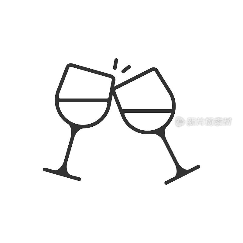 香槟酒杯和干杯图标。庆祝，假期，优质线性矢量设计的白色背景。