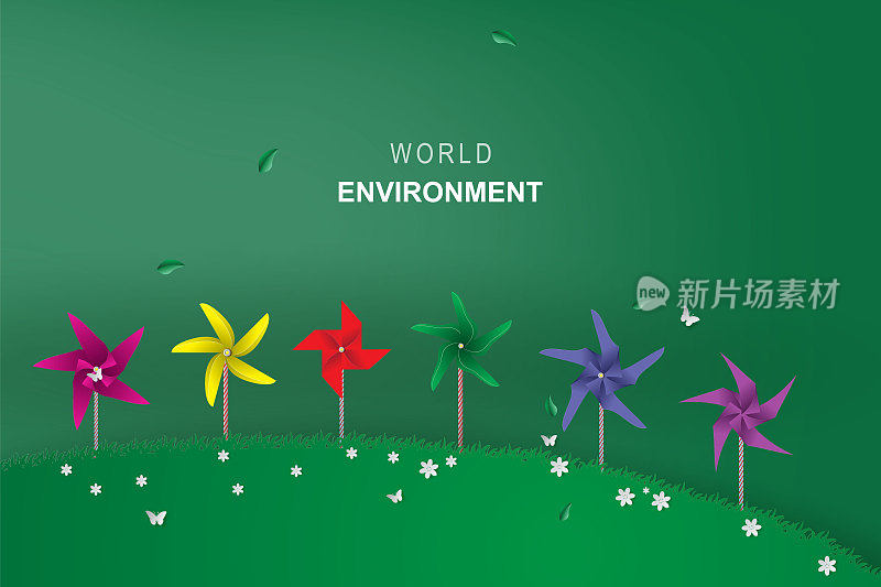 折纸制作的五颜六色的风力发电机公园。以绿色生态环保理念为壁纸、落地页、书封面。创意纸艺术和工艺风格。最小的现代绿色。矢量插图。