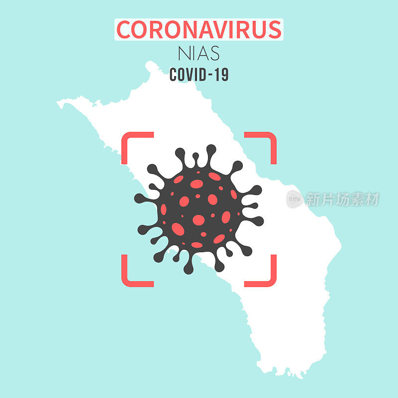 红色取景器中带有冠状病毒(COVID-19)细胞的Nias地图