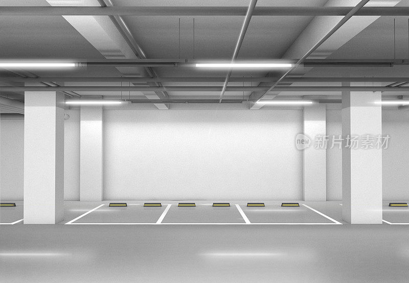 停车场背景。停车场的3d渲染与空墙，墙图形背景。