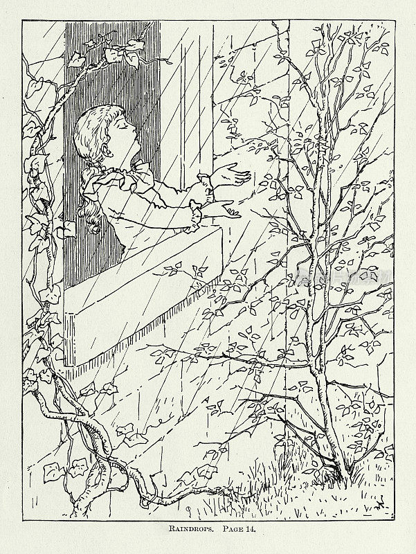 在阵雨中，复古少女探出窗外，美国维多利亚版画，1882年