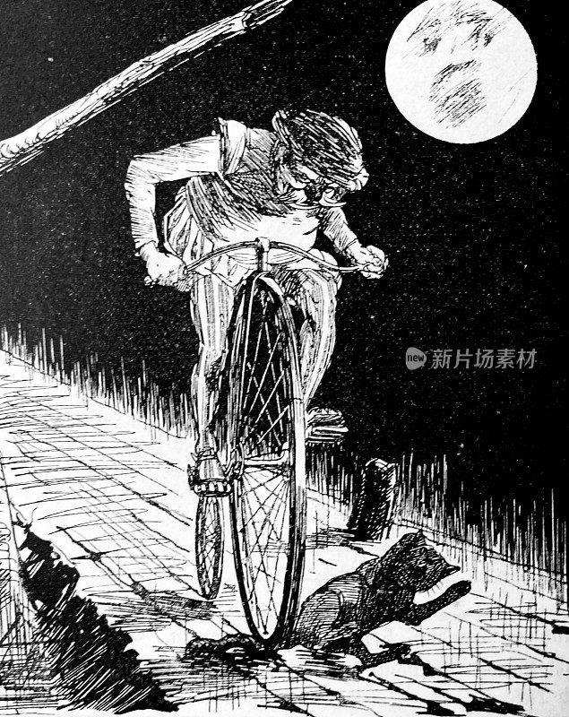 一名男子驾驶着一辆前轮破自行车从猫的尾巴上碾过，一脸满月的表情