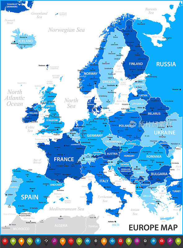 欧洲地图。矢量插图与法国，德国，乌克兰，意大利，瑞典，挪威，西班牙和波兰的地理边界