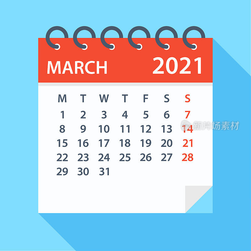 2021年3月-日历。一周从周一开始