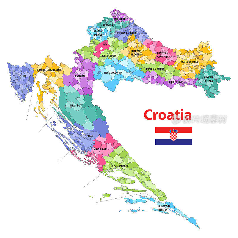 克罗地亚各市按县着色的高详细矢量地图。国旗od克罗地亚