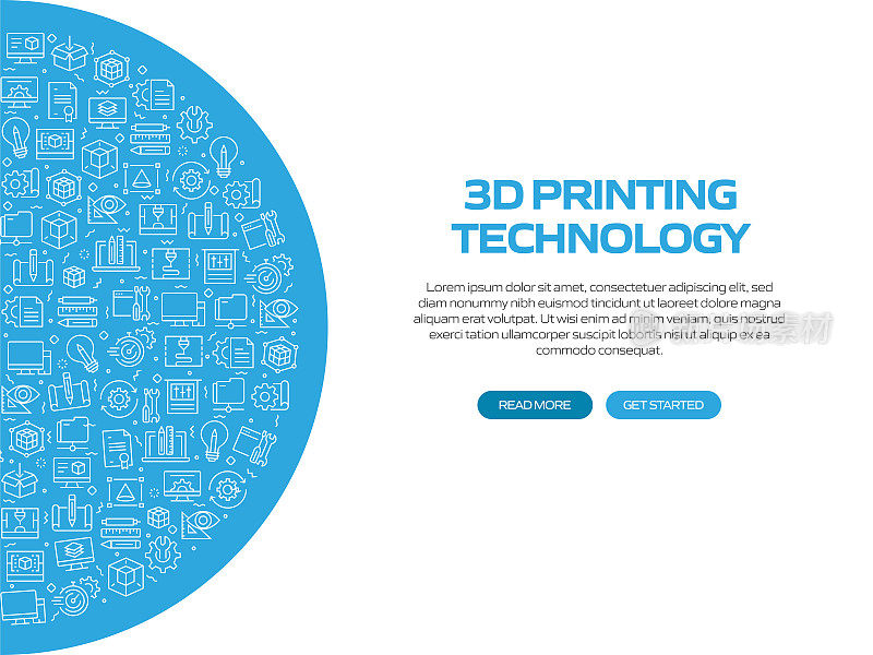 3D打印技术相关的旗帜设计与图案。现代线条风格图标矢量插图