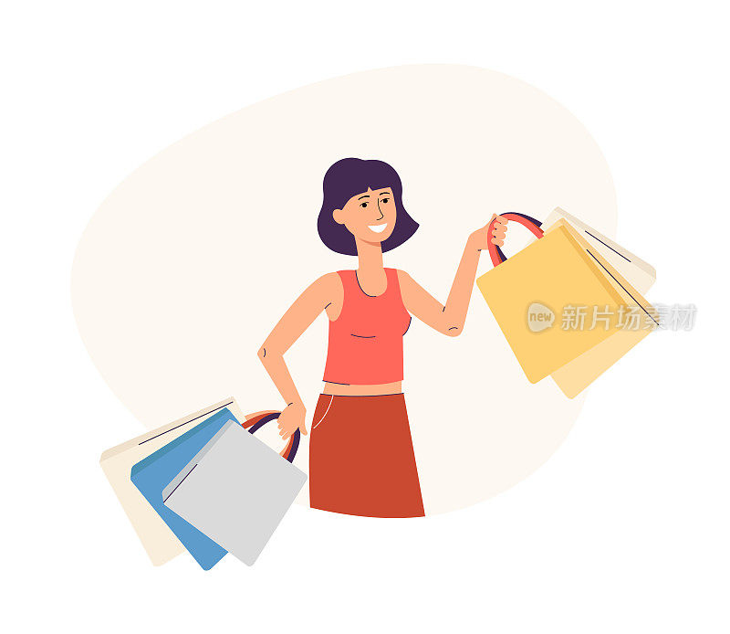 女性快乐购物者与许多袋矢量平面孤立的插图