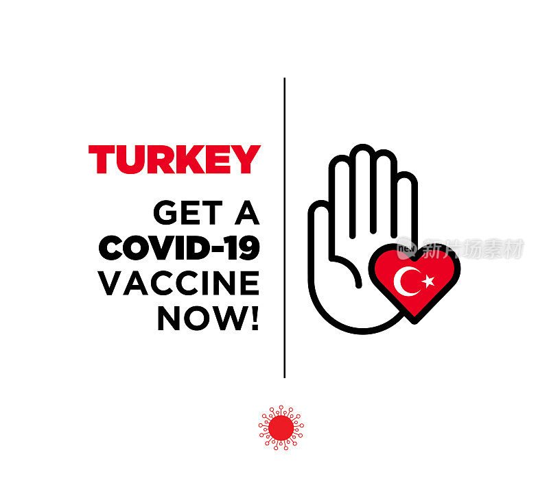 土耳其的概念。全球抗疫斗争。冠状病毒疫苗或Covid-19疫苗。抗击新型冠状病毒肺炎，警示标志新型冠状病毒库存插图
