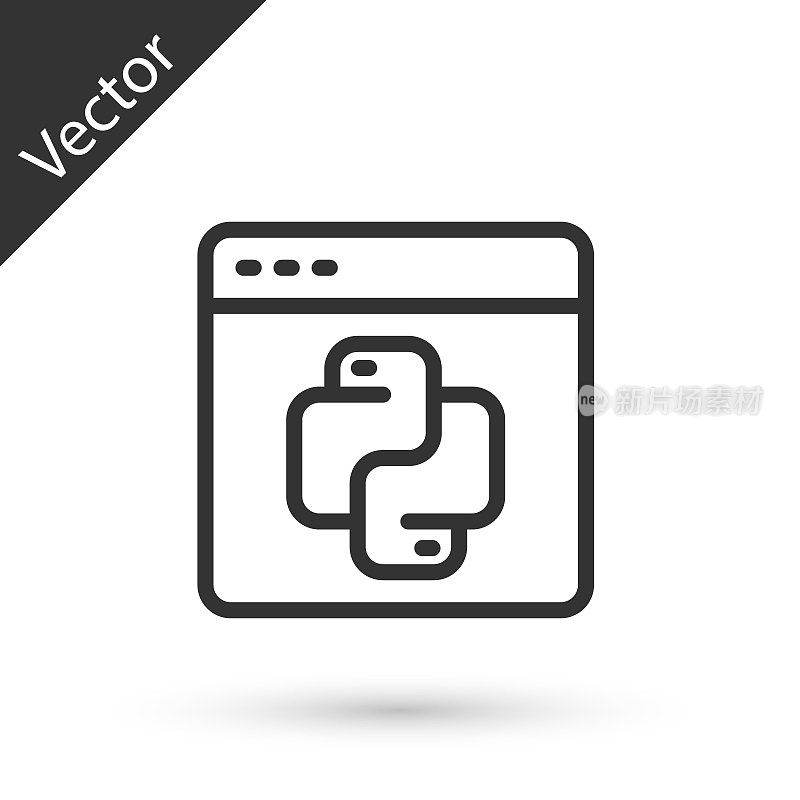 灰色线Python编程语言图标隔离在白色背景上。浏览器上的Python编码语言标志。设备、编程、开发概念。向量