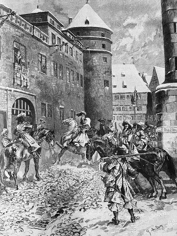 斯图加特，法国士兵在皇家城堡，女王模样