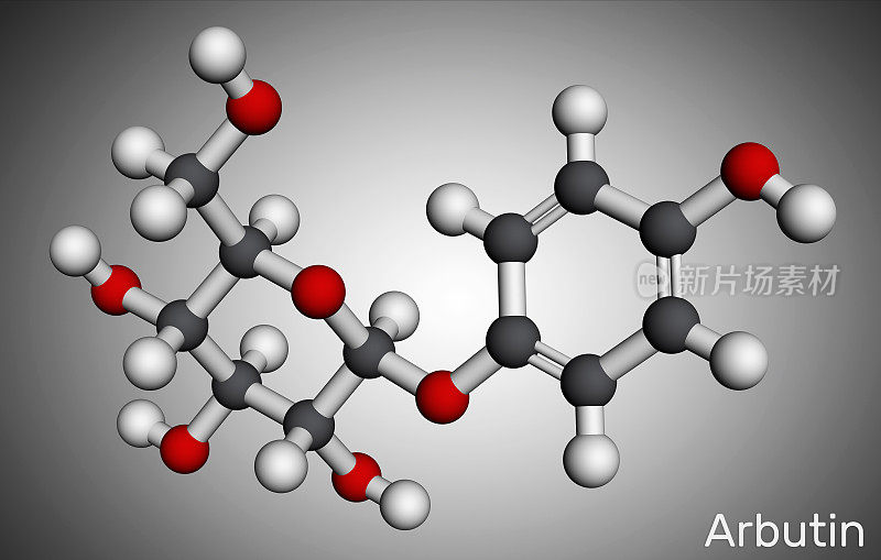 熊果苷，熊果苷，熊果苷分子。它是一种糖苷，存在于食品、非处方药和草药膳食补充剂中。分子模型。三维渲染