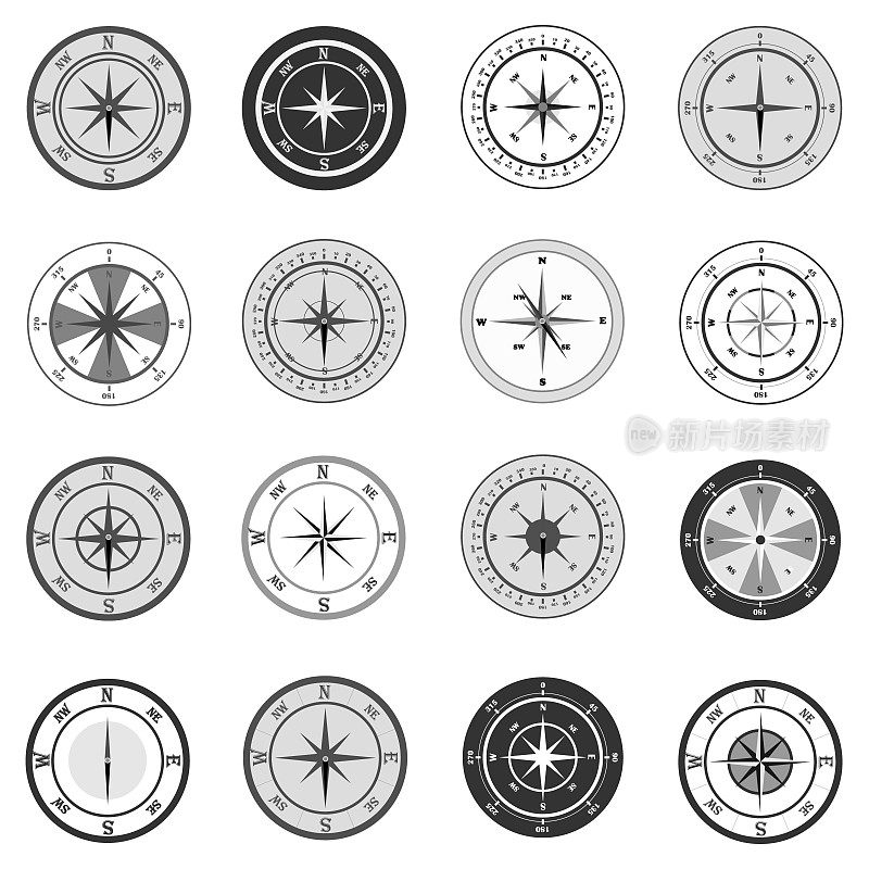 指南针，指南针图标，指南针图标设置孤立的白色背景。矢量插图。向量。