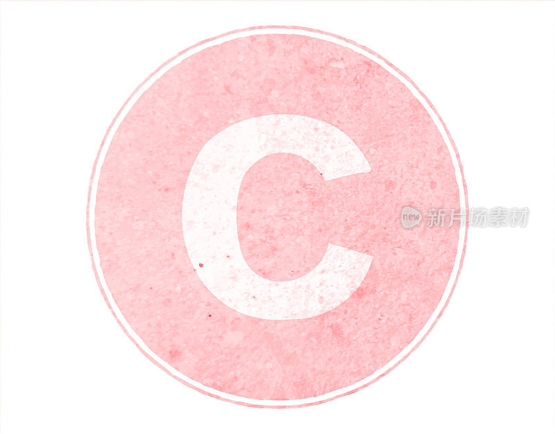 水平的软的褪色的粉红色带斑点的大写字母或大写字母或大写字母C圈在一个有边框或框架的淡桃色圆圈内，在白色矢量背景上-系列的一部分