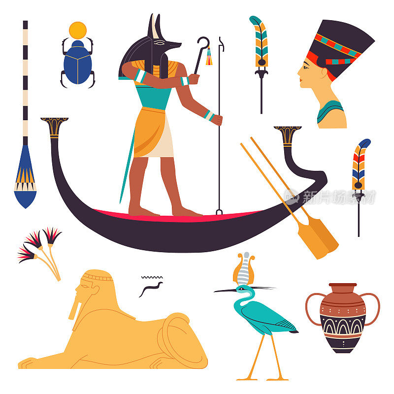 埃及符号和属性与奈费尔提蒂半身像，阿努比斯在船上和安德罗斯狮身人面像向量集