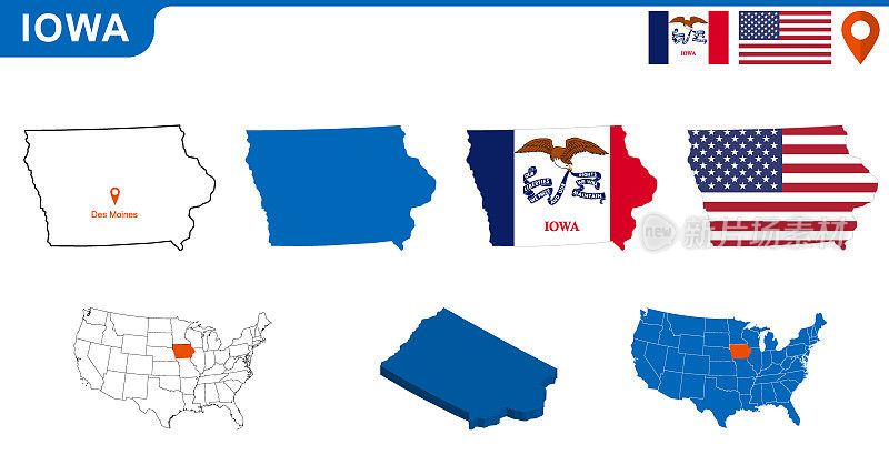 美国爱荷华州的地图和旗帜。