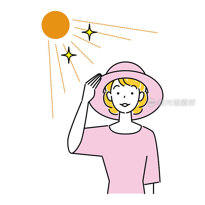 中暑措施微笑漂亮的女人戴紫外线切割帽在太阳插画简单矢量中暑预防。一个漂亮的微笑女人戴着防紫外线的帽子在太阳下。简单的说明。向量。