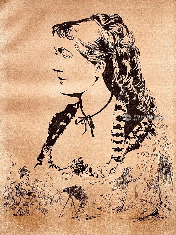 玛丽・冯・拉巴廷斯基，歌剧演唱家，女高音，长长的卷发的剪影，被许多崇拜者和摄影师所欣赏和描绘