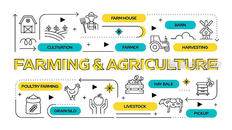 农业和农业相关的矢量横幅设计概念，现代线条风格的图标