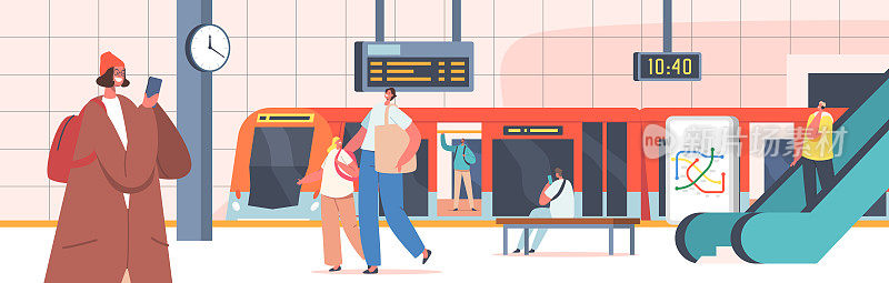在地铁站的人们，火车，自动扶梯，地图，时钟和数字显示。地铁里的男女角色