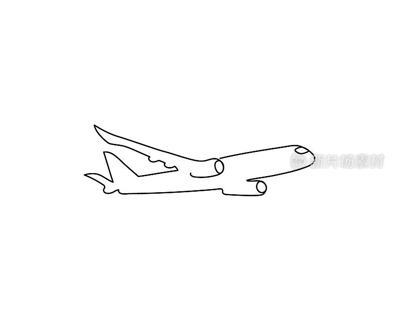 喷射连续线绘制。一行艺术的飞机，飞行。