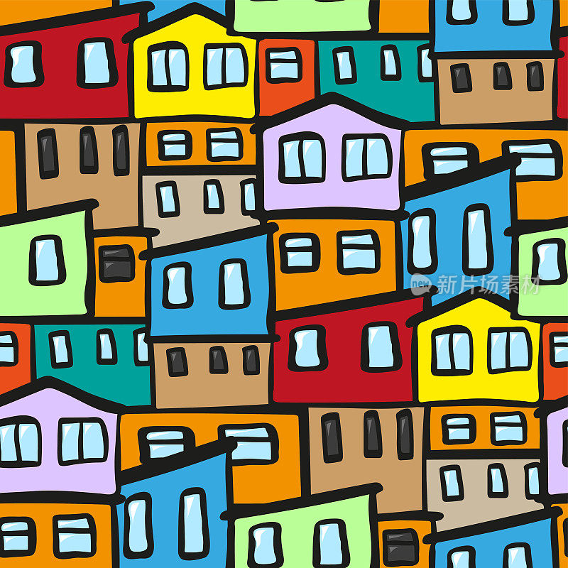 贫民窟里五颜六色的房子。可爱的无缝模式。矢量平面图形手绘插图。纹理。