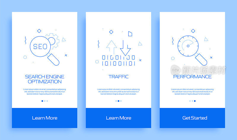 搜索引擎优化概念Onboarding移动应用程序页面屏幕与平面图标。UI设计模板矢量插图