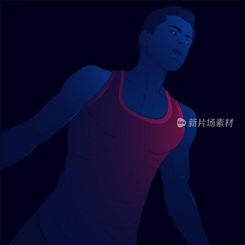 蓝色威严的运动员在黑暗的背景下。穿t恤的帅哥。技术人员矢量插图。赢家的概念。