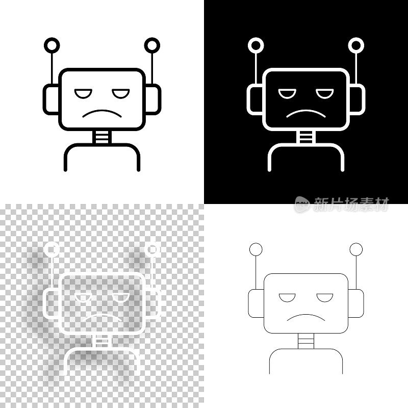可怜的机器人-机器人头。图标设计。空白，白色和黑色背景-线图标