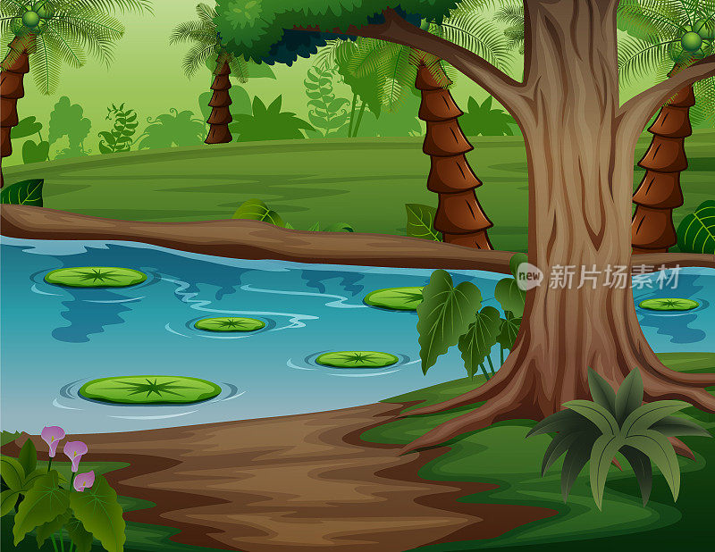 湖泊景观的插图与荷花附近的棕榈林