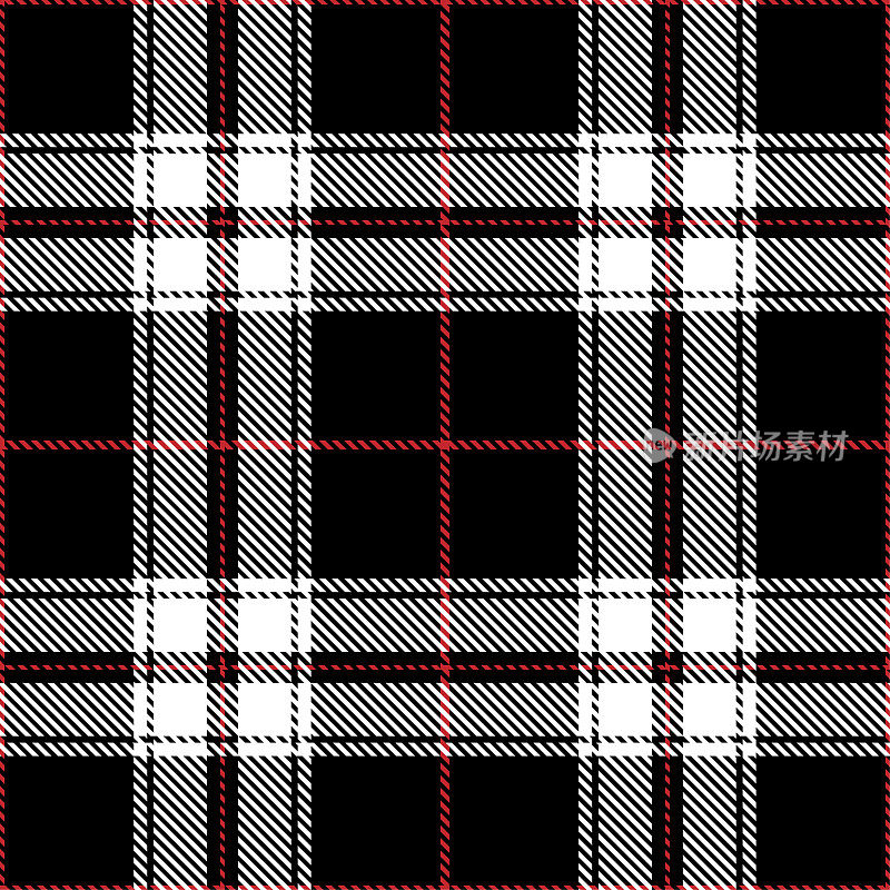 格子呢格子无缝图案红白线织物纹理黑色背景，法兰绒衬衫，苏格兰笼，检查设计，礼品盒装饰，矢量插图