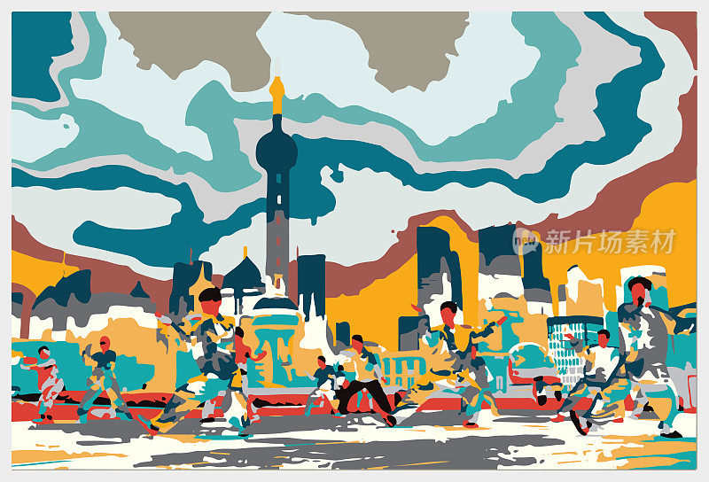 矢量色彩雕刻打太极拳在上海城市外滩图案插图背景