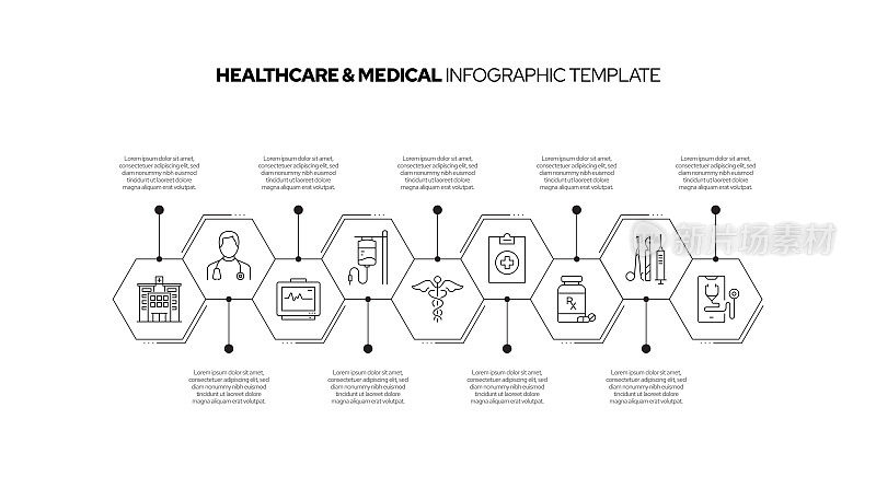 医疗保健和医疗概念矢量线信息图形设计图标。9选项或步骤的介绍，横幅，工作流程布局，流程图等。