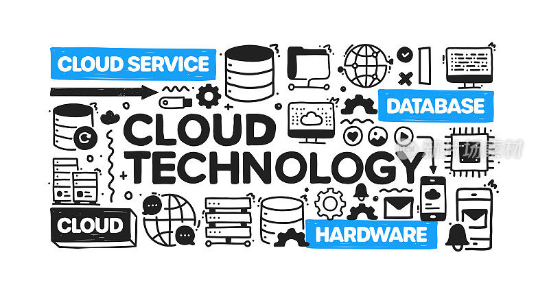 云技术对象和元素。矢量涂鸦插图收集。手绘图标集或横幅模板
