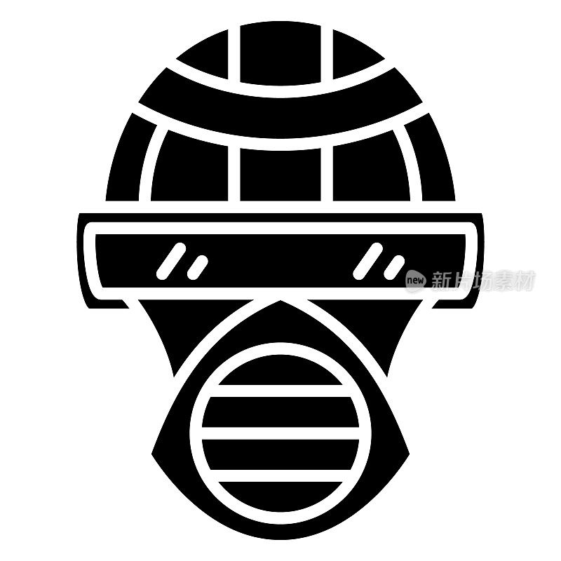 防毒面具，防护面具。眼睛用的是窄玻璃，前面有一个大的圆形滤镜。保护头部、脸部和呼吸。防毒面具设计。矢量图标，字形，剪影，孤立