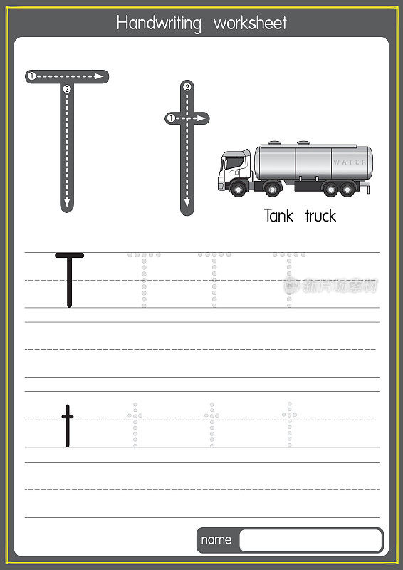 矢量插图坦克与字母T大写字母或大写字母的儿童学习练习ABC