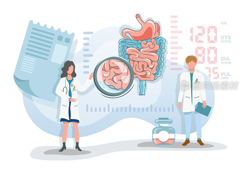 平面矢量插图两个医生描述消化系统