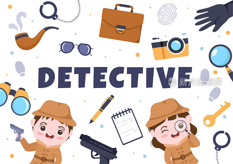 儿童卡通私人侦探或侦探谁收集信息，以解决犯罪的设备，如放大镜和其他背景插图