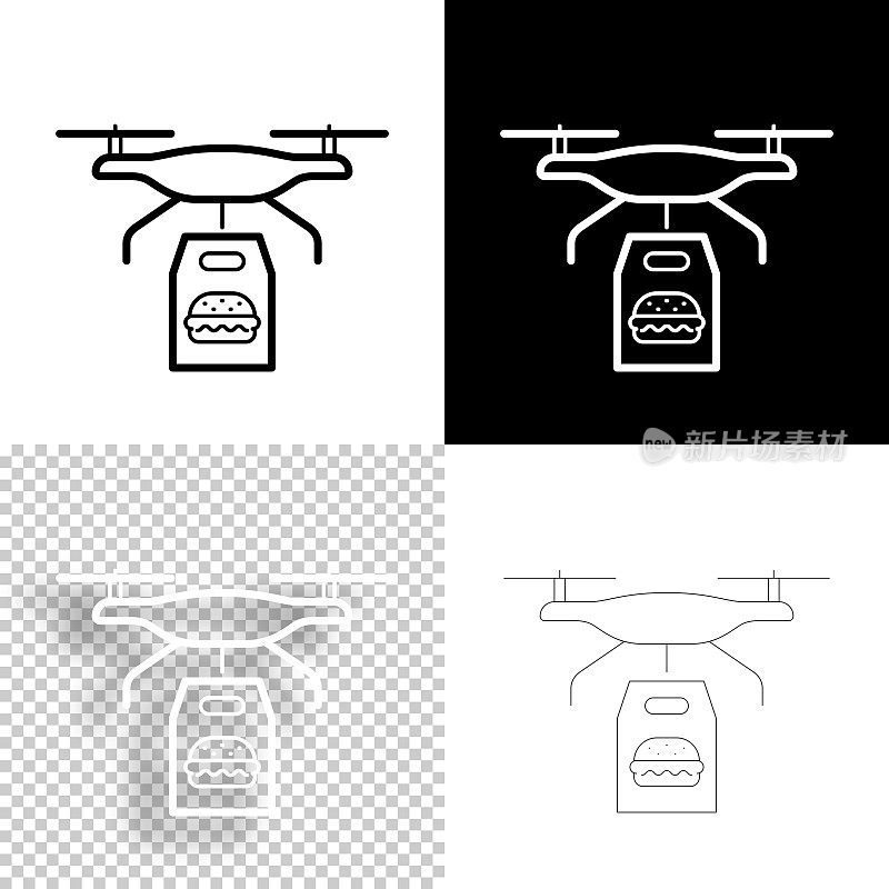 带汉堡的外卖无人机。图标设计。空白，白色和黑色背景-线图标