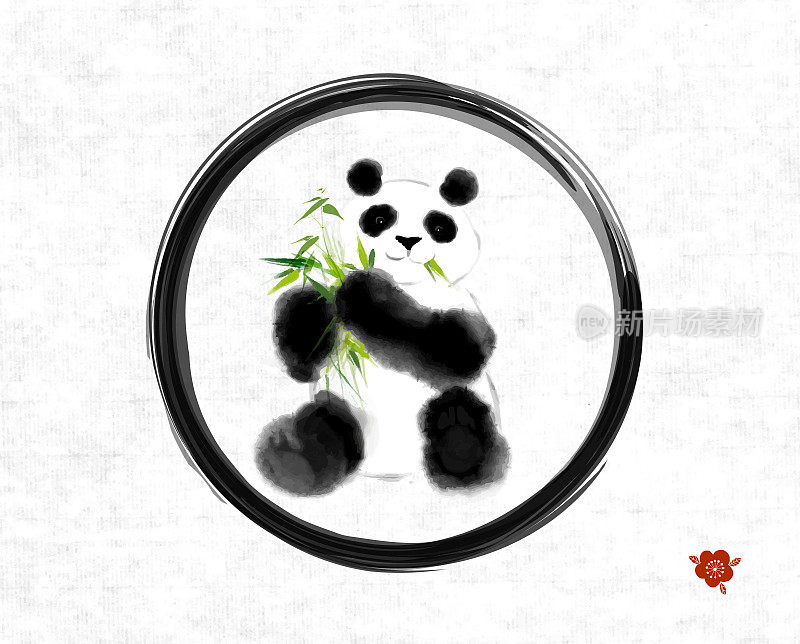 熊猫吃竹子在黑色的enso禅宗圈的米纸背景。传统的东方水墨画:美锷、玉心、围棋。