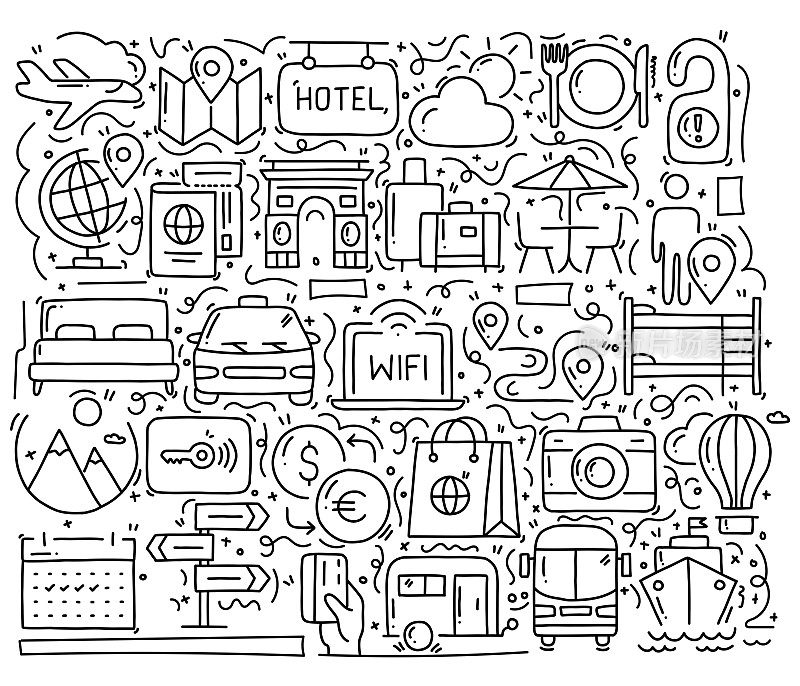 旅游和旅游相关的对象和元素。手绘矢量涂鸦插图集合。手绘图案设计
