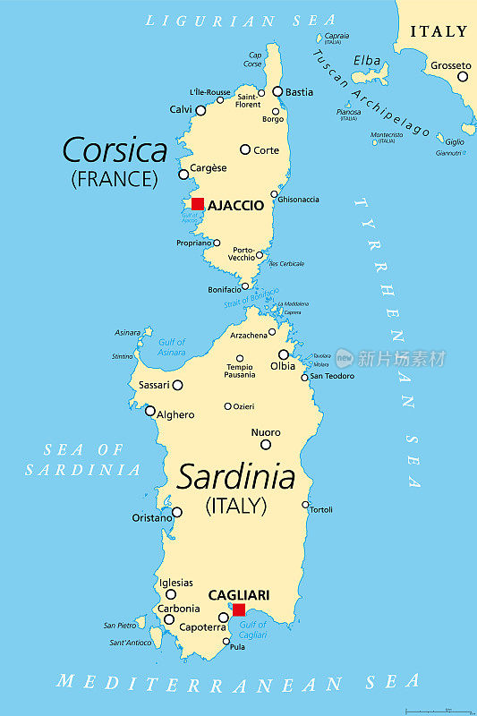 科西嘉岛和撒丁岛，法国和意大利的岛屿，政治地图。
