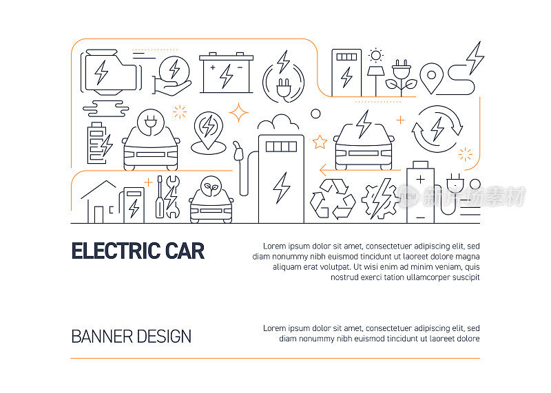 电动汽车相关矢量横幅设计概念，现代线条风格与图标