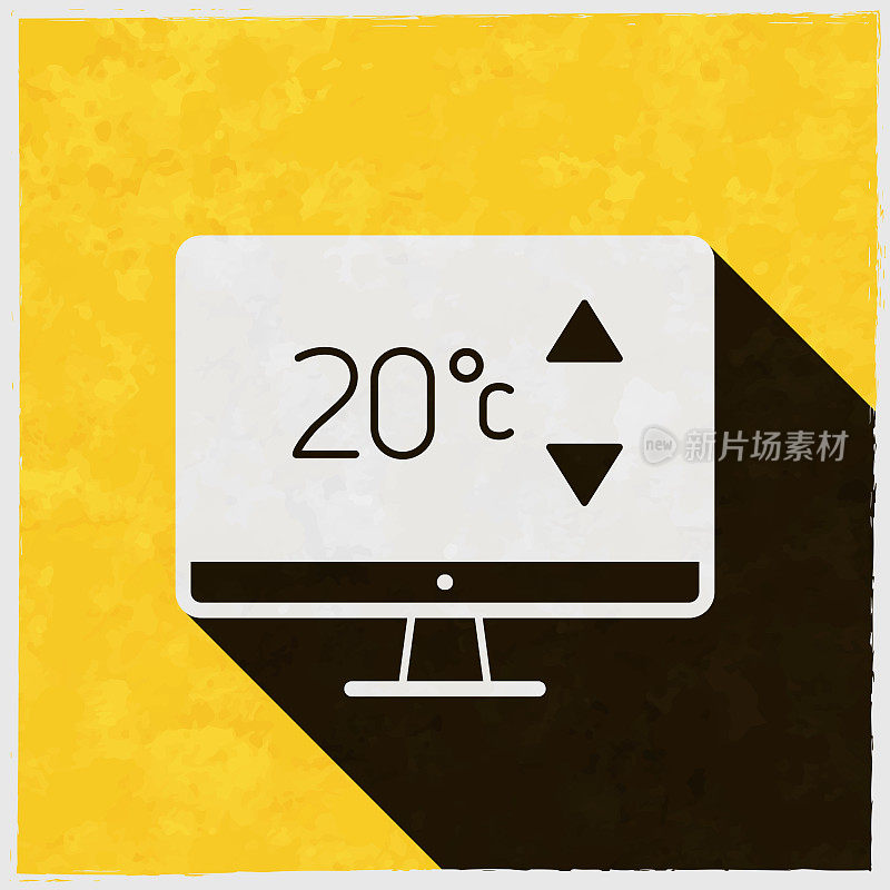 台式电脑加热控制。图标与长阴影的纹理黄色背景