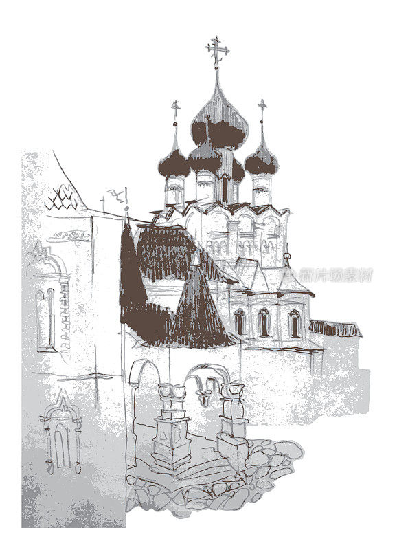 建筑景观，罗斯托夫克里姆林宫的后院，带斜顶帐篷的石砌门廊，桶柱拱廊。棕色和灰色矢量描铅笔画