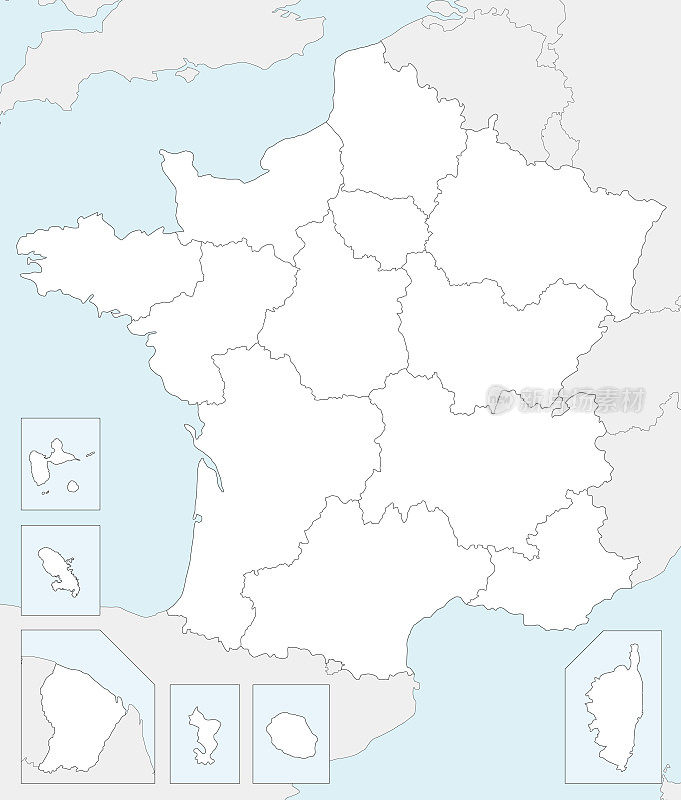 矢量空白的法国地图，带有区域、领土和行政区划，以及邻国。可编辑和明确标记层。