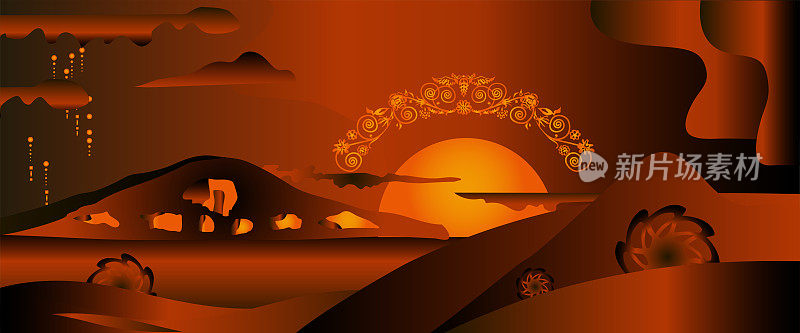 斯基泰草原上美妙的日落。土堆背景上的古代斯基泰人雕塑